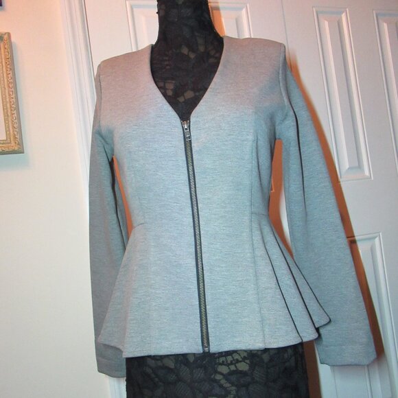 TopShop Peplum V Neck Zip Front Jacket Heather Gray US 10 EUC Long Sleeve Blazer - Picture 2 of 16